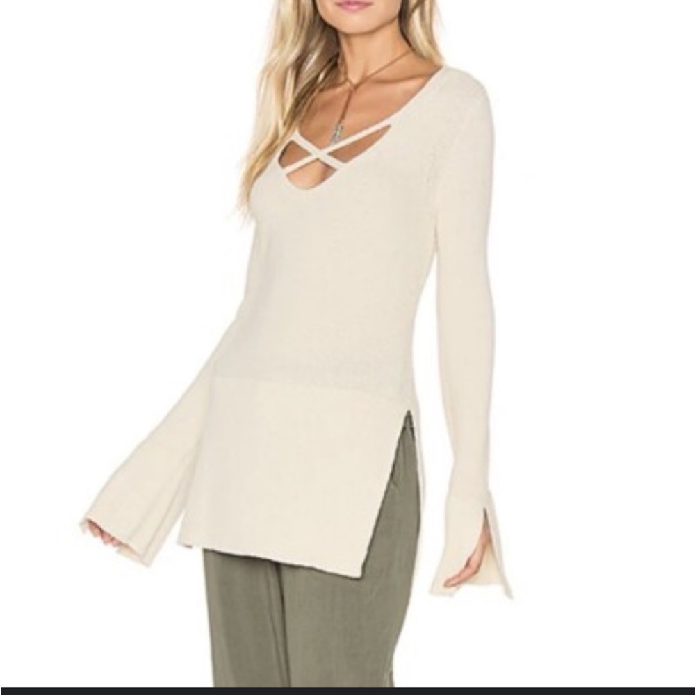Free People Cream Long Sleeve Sweater with Crisscross Neckline